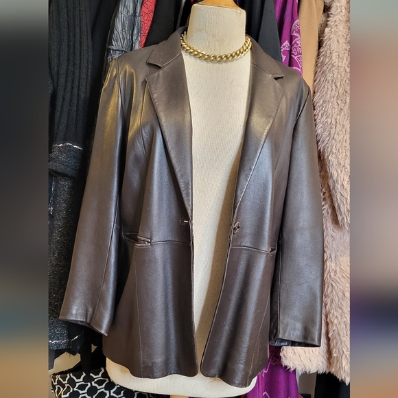Timeless and Chic Brown Genuine Leather Blazer Jacket by Denim & Co. - Picture 6 of 6